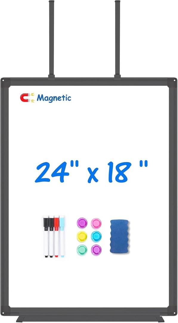 Magnetic Dry Erase Board for Doors, 24x18 Inch Whiteboard with Adjustable Long Arm Hook Mount - Easy to Install, Portable Hanging White Board for Home, Dorm Room, Office Cubicle & Small Spaces(Black)