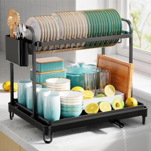 Dish Drying Rack - Stainless Steel Dish Rack for Kitchen Counter, 2-Tier Kitchen Organizers and Storage Rack with Drainboard and Cutlery Holder, X-Large, Black (X-Large, Black)