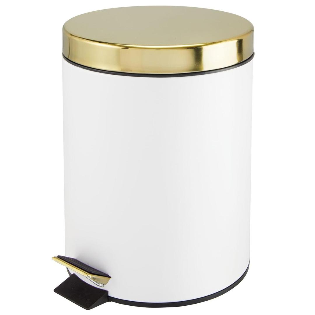 mDesign Pedal Bin  Metal Waste Bin with Pedal, Lid and Plastic Bucket Insert  Perfect for Bathroom, Kitchen, and Office  Household Rubbish Bin with Ergonomic Design  White/Gold (5 liter, White/Soft Brass)