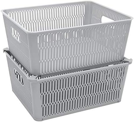 Simplify 2Pk Large Slide 2 Stack It Tote Basket | Storage & Organization | Open Bins with Stackable Capability | Bathroom | Crafts | Pantry | Playroom | Office | Grey, 9"×11"
