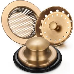 Mudder 3 Pcs Kitchen Sink Drain Strainer and Stopper Stainless Steel Garbage Disposal Plug with Handle Universal Anti-Clogging Kitchen Sink Filter Sieve Basket Strainer (Champagne Bronze)