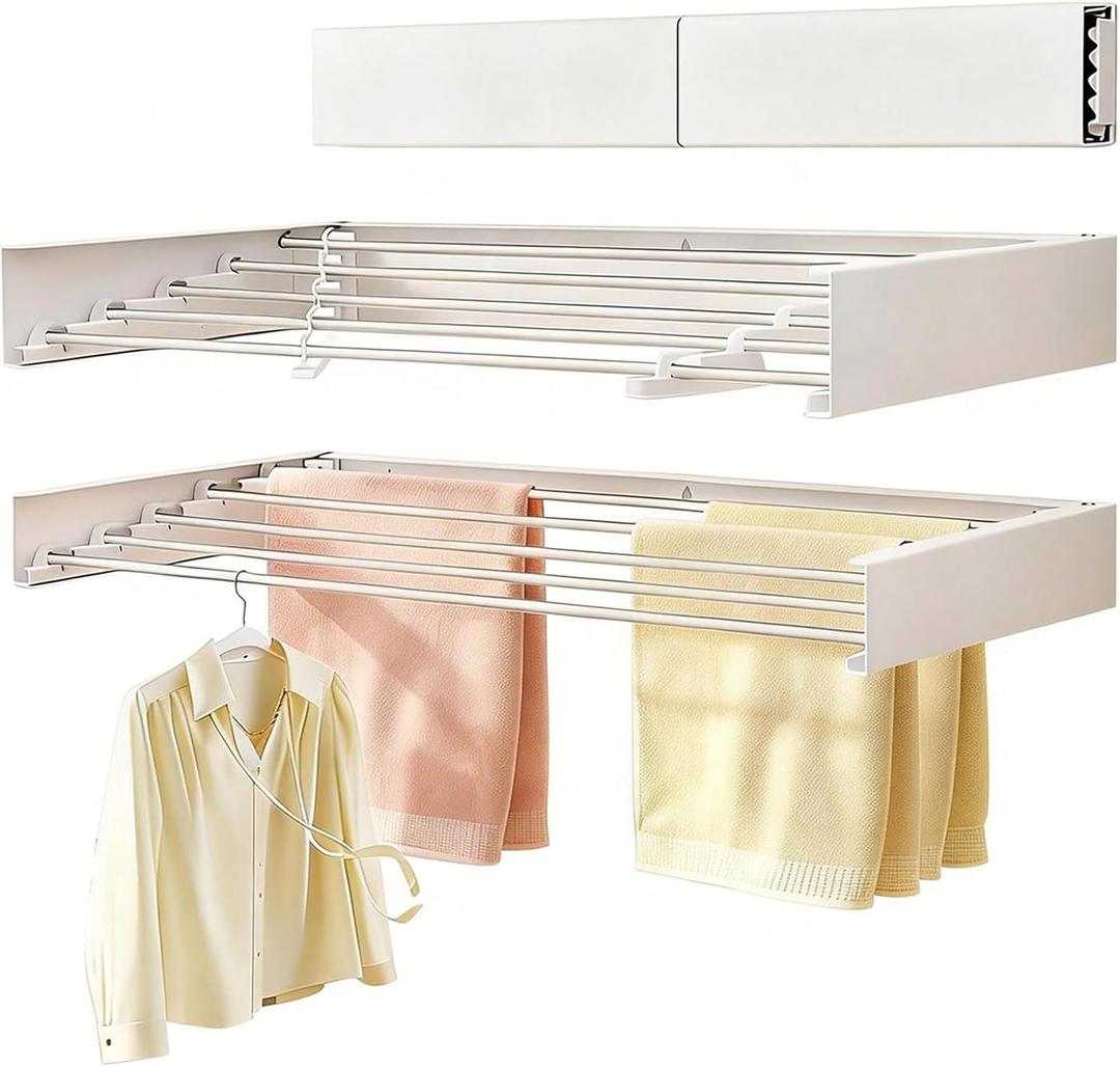 Wall Mounted Clothes Drying Rack 32", Collapsible Space Saving Laundry Drying Rack with 50 lb Capacity, Laundry Room Organization for Clothes, Foldable, 5 Rods, White