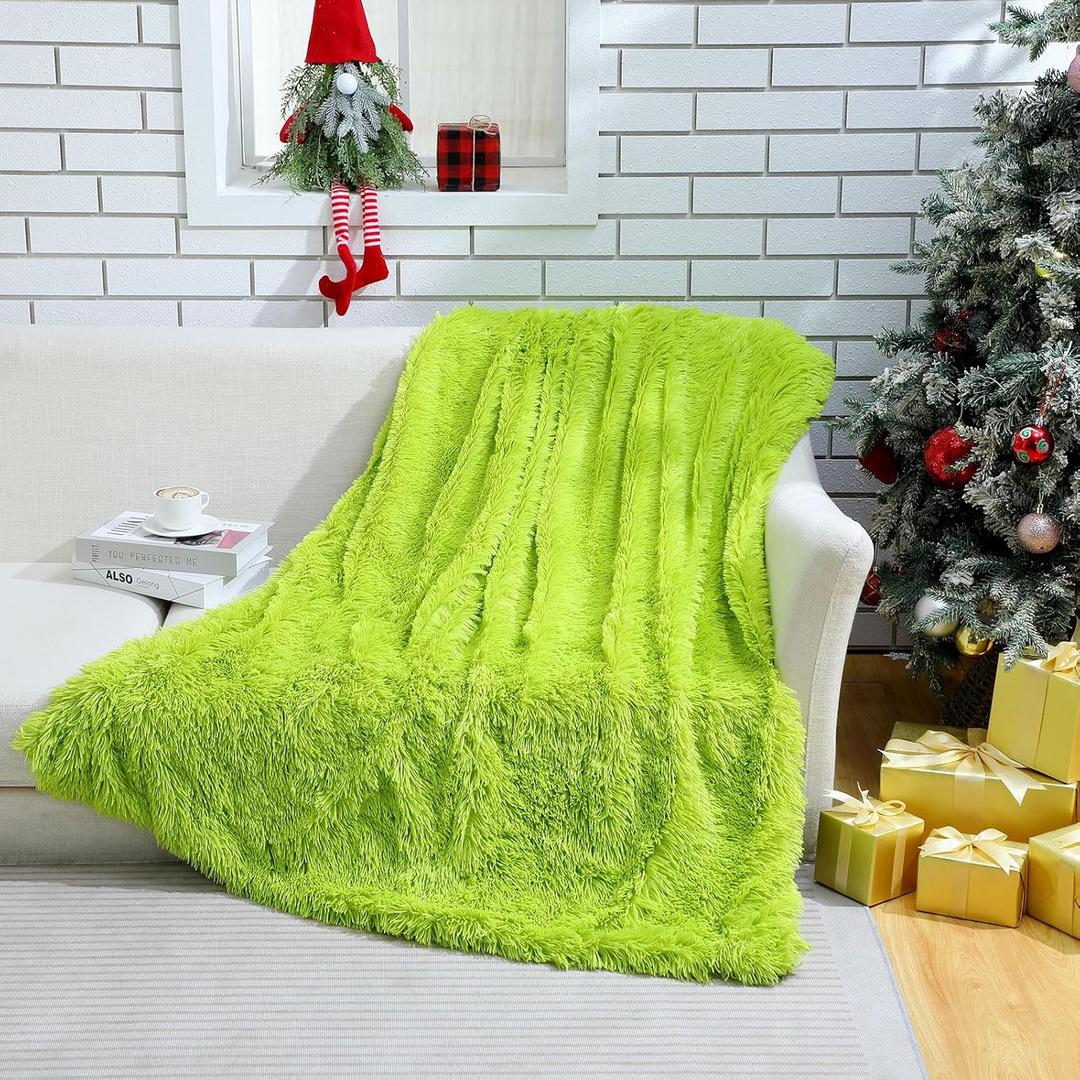 Buryeah Christmas Blanket Lime Green Fuzzy Green Plush Sherpa Cozy Fluffy Throw Blanket for Sofa Bedroom Car Gift for Christmas Winter Holiday (47 x 59 Inches, Velvet, Classic Style)
