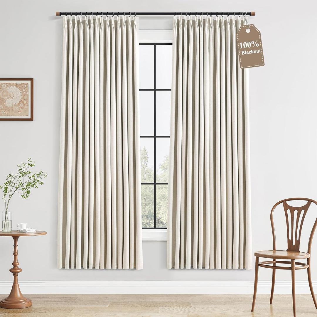 Natural Cream 100% Blackout Linen Pinch Pleated Curtains 70 Inch Length for Bathroom Living Room Nursery Clip Rings Room Darkening with Thermal Insulated White Liner Privacy Drapes 40Wx70L 2 Panels
