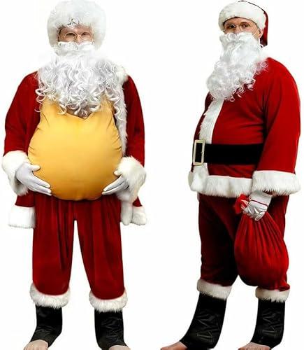 QMKKX Santa Costume Suit for Men Adults with Fake Belly Pouch,11PCS Claus Set Deluxe Velvet Professional Christmas Suits Red 2XL