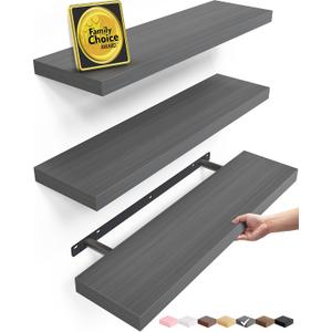 BAYKA Grey Floating Shelves 22.5in, Set of 3, Wall Mount Rustic Wood Shelf, F. Grey - Industrial Edge Style, 3, 22.5inches 