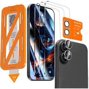 QHOHQ [1-Second Auto-Install] 3 Pack Screen Protector for iPhone 17 + 1 Set Camera Lens Protector, 9H+ Shatterproof Tempered Glass, [12FT Military Grade Protection], Anti-Fingerprint, Case Friendly (Transparent)