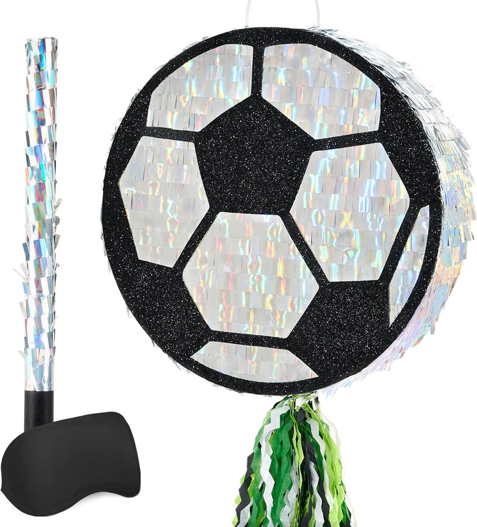 WERNNSAI Soccer Ball Piata-Soccer Party decoration Piata with Blindfold Bat for Kids Sports Themed Birthday Party Supplies Mirror Roller Skating Pull String