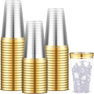 Sliner 50 Pcs Hard Plastic Cups Double Rimmed Plastic Cups Heavy Duty Fancy Disposable Wine Glasses for Holiday Wedding Graduation Birthdays Christmas Valentine Parties(16 Oz,Gold)