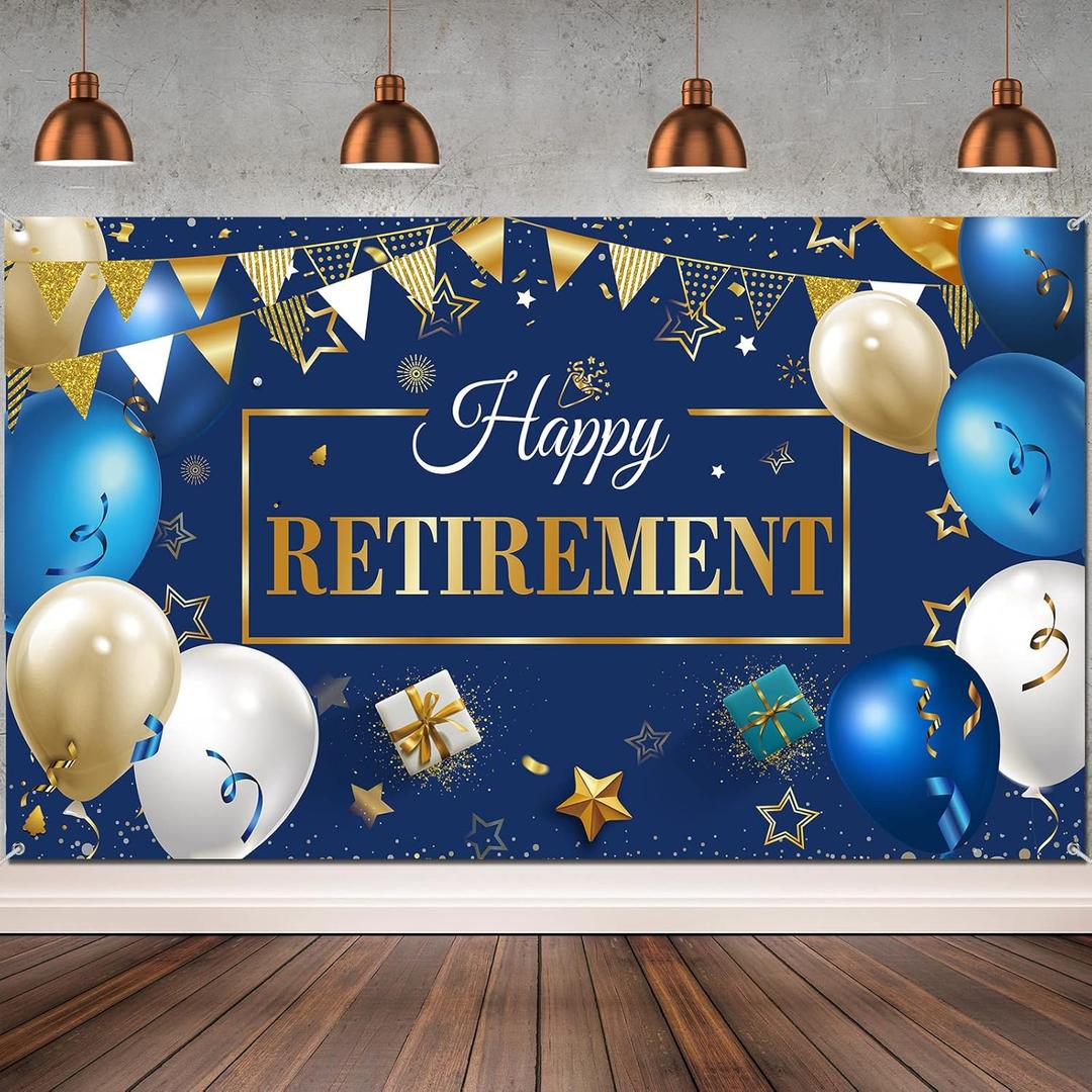 Blulu Retirement Party Decorations, Extra Large Fabric Retire Sign Banner Photo Booth Backdrop Background with Rope for Retirement Party Favor(72.8 x 43.3 Inches,Blue and Gold)