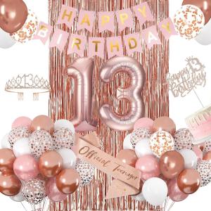 13th Birthday Decorations for Girls, Rose Gold 13th Birthday Banner, Balloon, Cake Topper, Sash and Crown, Happy 13th Birthday Party Decorations for Girls