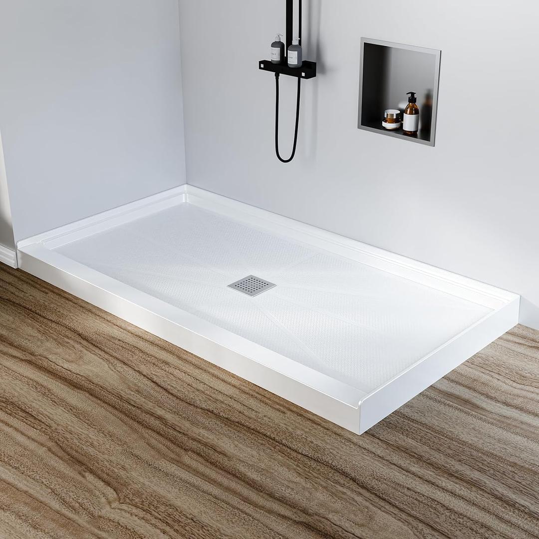 Shower Base 60" x 32" Non-Slip SMC Shower Pan, Center Drain with 304 Stainless Steel Square Drain Cover, Single Threshold Floor Shower Tray Kit for Easy Installation, White