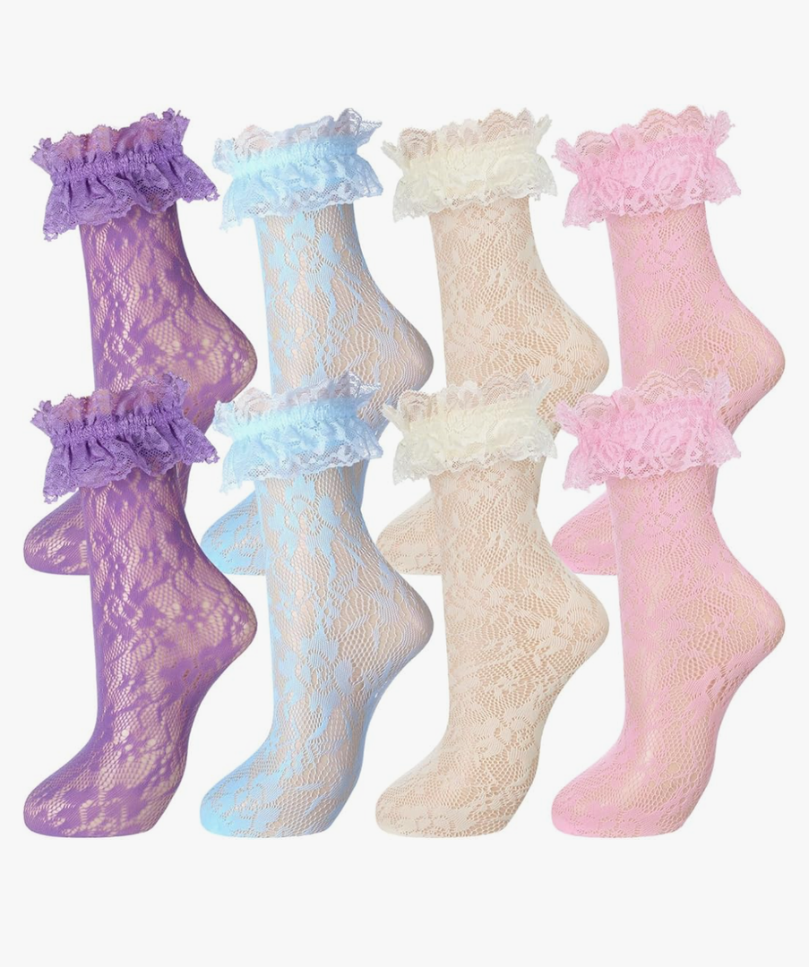 Geyoga 4 Pairs Women's Lace Ankle Socks Ruffle Frilly Mesh Cute Dress Socks for Women Ladies Princess Accessories
