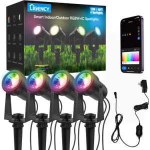Ligency Smart Outdoor Spot Lights 4 Pack, IP65 Waterproof Uplight Spotlights, 40 Feet WiFi RGBW+IC Color Changing Low Voltage LED Landscape Lighting Work with Alexa, Google Assistant for Garden Decor