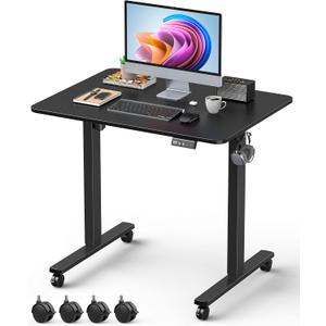 32" Small Electric Rolling Standing Desk Adjustable Height, Mobile Sit Stand up Desk with Lockable Casters for Home Office & Computer Workstation, Splice Board, 2 Hooks, Black Frame/Black Top, 31.5 X 23.6 Inch