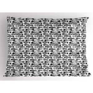 Lunarable Black and White Pillow Sham, Doodle Style Monochrome Ornamental Fish Squares and Dots Pattern, Decorative Standard Size Printed Pillowcase, 36" X 20", White Charcoal