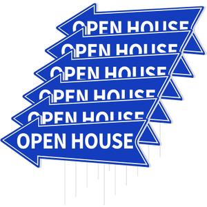 6PCS Open House Signs with Stakes Double Sided Blue Open House Directional Arrow Signs for Real Estate 16 x 5'' Corrugated Plastic Waterproof Yard Sign for Property Sale Transaction Event Arrows Sign