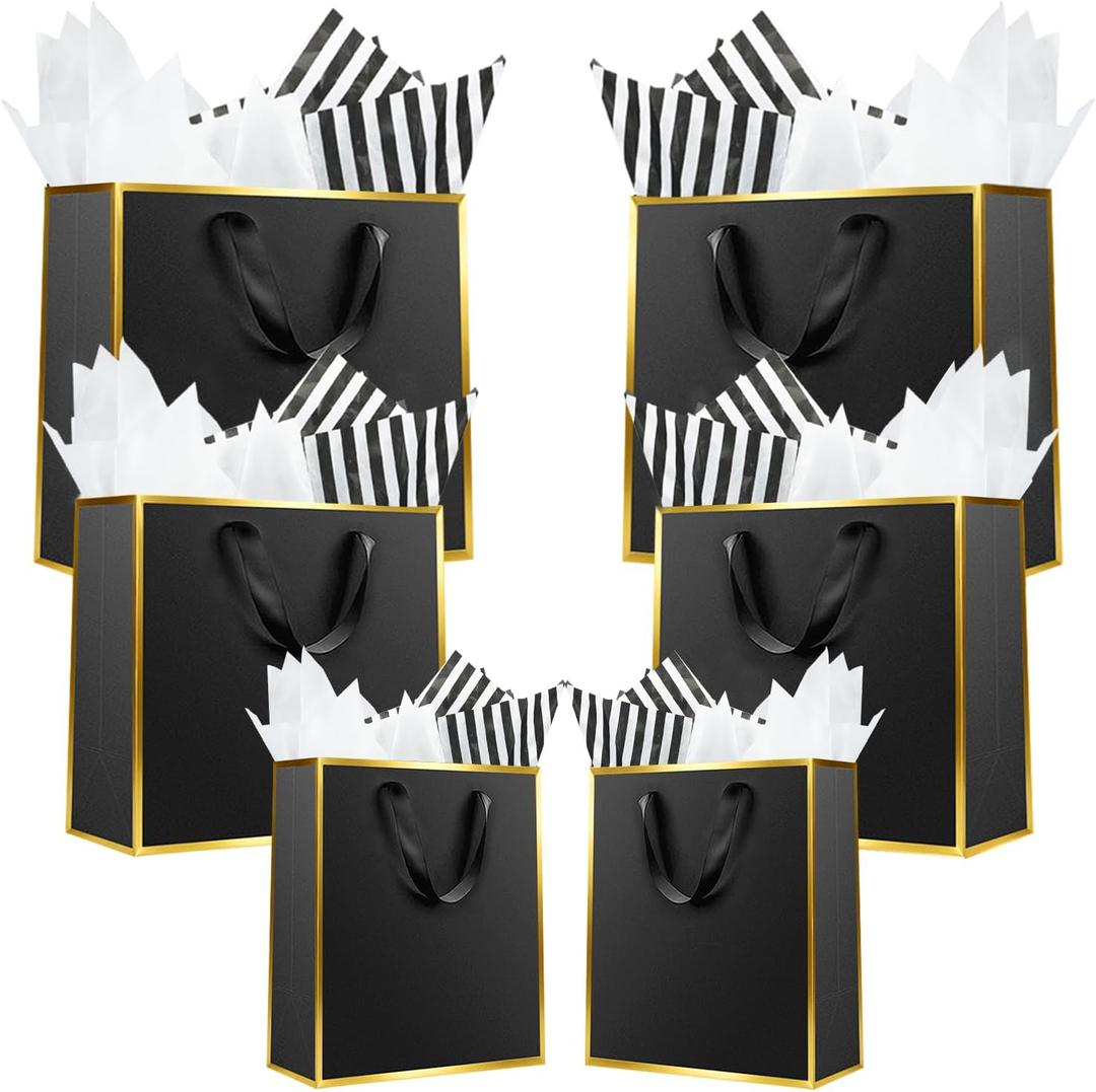 Offizon 12 Pcs Black&Gold Gift Bags, Paper Bags with Tissue Paper (4 Small 6", 4 Medium 8.7", 4 Large 12.6"), Party Favor Bags with Handles for Birthdays and Holidays