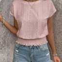 Elastic Waist Eyelet Tops for Women Summer Smocked Crewneck Short Sleeve Tee Crop Casual Plain T Shirts for Vocation Work (Pink, L)