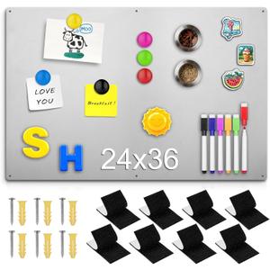 24" x 36" Magnetic Board, Silver Magnet Bulletin Board to Display Magnetic Letters, Metal Board for Wall, Refrigerator Photo