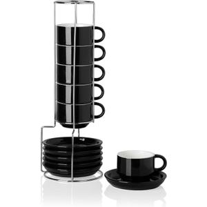 Sweejar Ceramic Espresso Cups Set of 6, Espresso Cup Stackable, 4 Oz Stackable Cappuccino Cups with Saucers and Metal Stand for Coffee Drinks, Americano, Latte, Tea (Black)