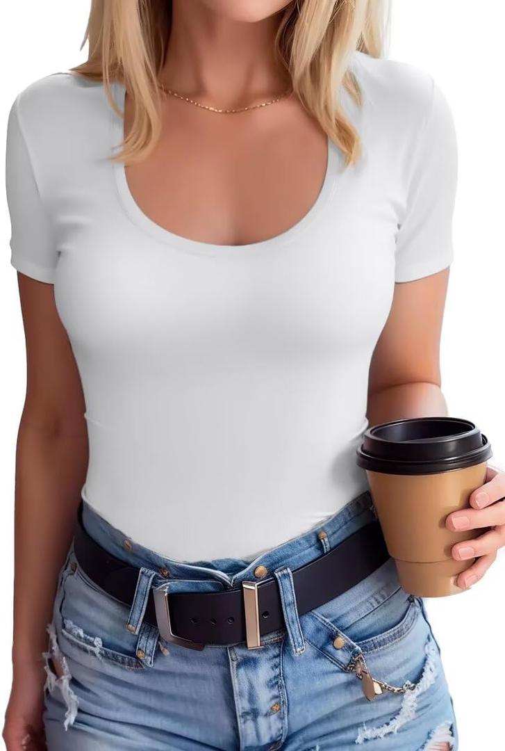 SANDERY White Shirts for Women Cutout Tops Short Sleeve Shirts Ribbed Casual Slim Fitted Top Blouses, L