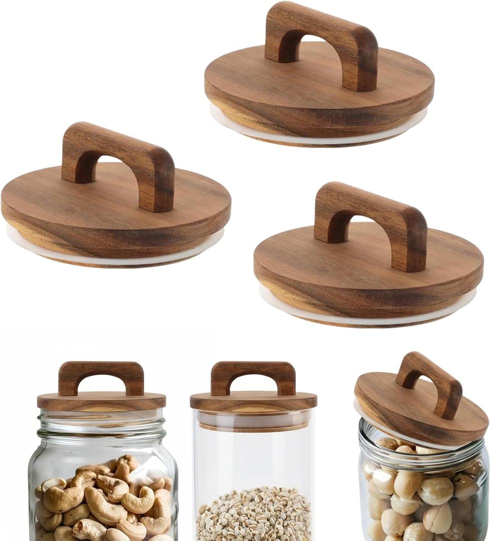 3pcs Storage Jar Wooden Lid, 3.54 inch Wide Mouth Canning Lids with Handle Sealing Ring, Multipurpose Canning Covers Wood Lid for Glass Canister Food Jars, for Mouth Diameter 10cm/3.94 inch