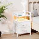 Lazzanto Night Stand Bedside Table Bedroom - White Nightstand with Charging Station & LED Light Strip, Morden Bed Side End Table with Storage Shelf & 2 Fabric Drawers, U-S-B Ports & AC Outlets