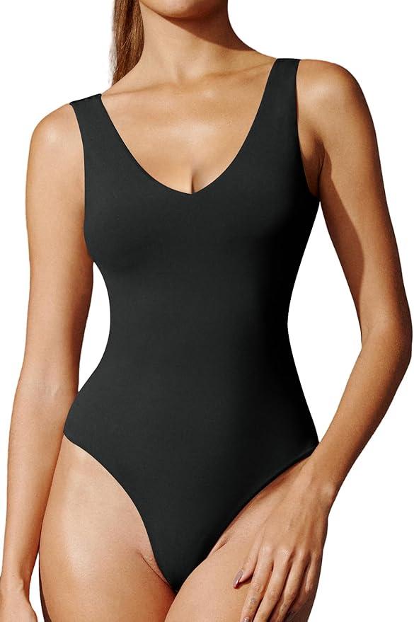 Bodysuits for Women Tummy Control V Neck Backless Bodysuit Tops Sleeveless Tank Top Body Suits for Women M