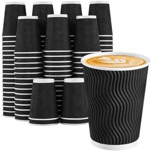 Lamosi Disposable Coffee Cups 12 OZ 100 Pack, Paper Coffee Cups 12 OZ for Hot Drinks or Cold Beverages, Insulated Corrugated Ripple Wall Cup No Lids for Office, Cafe, Home or Travel (Black)
