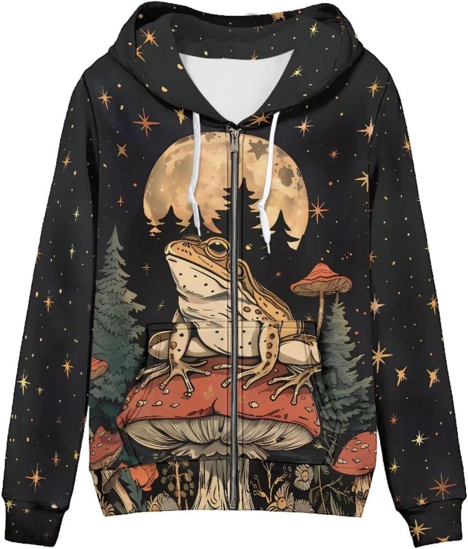 Showudesigns Zip Up Women's Hoodies & Sweatshirts  (Medium, Mushroom and Frog)