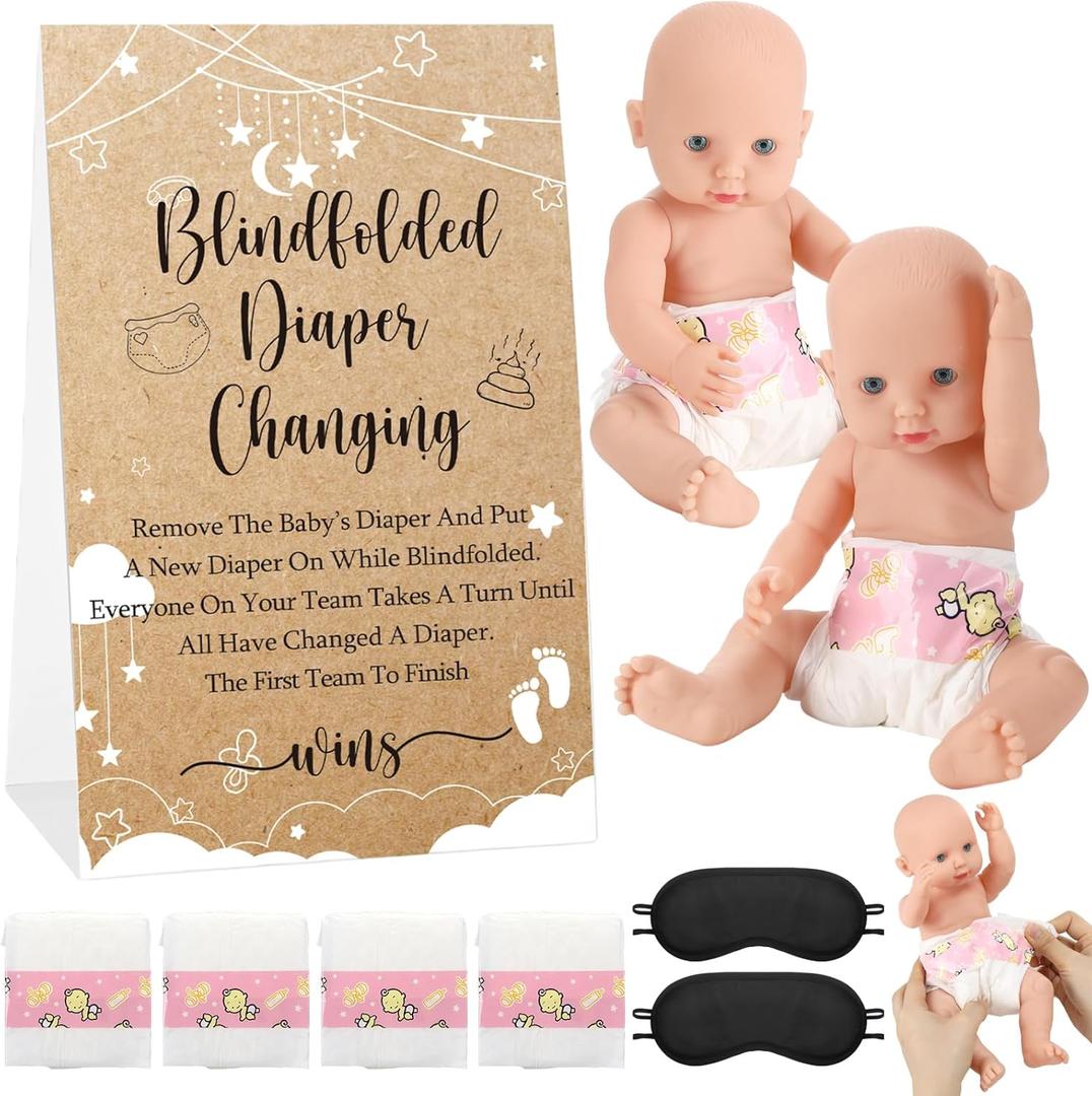 9 Pcs Baby Shower Diaper Changing Game Supplies including Baby Dolls Blindfold diapers wooden sign Changing Race Game party favor (Star,Brown)
