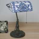 Tiffany Style Bankers Table Lamp Stained Glass Piano Desk Lamp Vintage Bedroom Bedside Lamp for Study,Antique Alloy Base,Zipper Switch,Blue Baroque