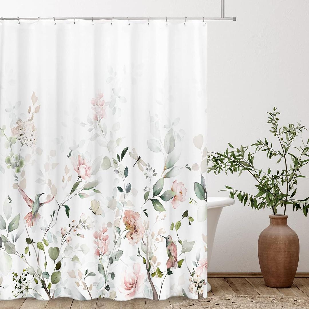 Tititex Aesthetic Blooming White Floral Shower Curtain Sets, Watercolor Pink Flowers Birds Butterflies Tropical Bathroom Decorative 71 X 71 Inch Polyester Waterproof Fabric Bath Curtain with Hooks