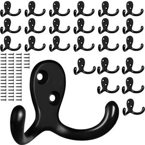 25 Pack Coat Hooks Wall Hooks for Hanging, Heavy Duty Double Prong Metal Hook Wall Mounted for Living Room, Bathroom, Kitchen, Bedroom for Coat, Bag, Scarf, Towel, Hat, Key, Cup (Black)