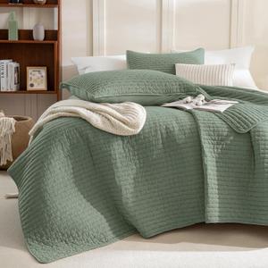 Sanracie Stonewashed Oversized King Quilt(120"x120"), Cotton Green Cross Stitch Pattern California King Quilt Sets 3Pcs Ultra Soft Breathable Crinkle Bed Coverlet Set for All Season