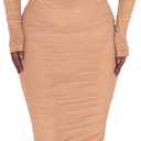 PRETTYGARDEN Women's Fall Off Shoulder Maxi Bodycon Dress Long Sleeve Ruched Fitted Club Dresses with Slit (Beige, X-Large)