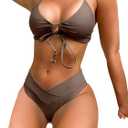 Meetall Women's High Cut String Triangle Bikini Set Swimsuits Sexy Bathing Suits 2 Piece (Large, Brown)