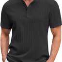 Men Cotton Blend Solid Ribbed Textured Tshirt Shirt Summer Casual Button Down Short Sleeve Tees, Black XL
