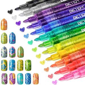 12 Colors Glitter Nail Art Pens Set, 3D Quick-Dry Water-based Ink Glitter Nail Art Markers DIY Manicure Kit for Home Salon Nail Designs, Glitter Pens Markers Nail Polish Pens Dotting Pen Gift for Mom