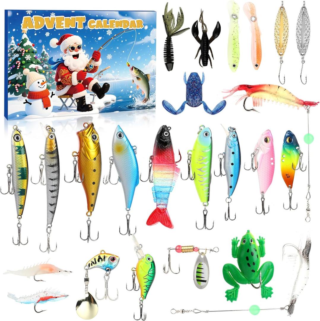 Advent Calendar 2025 Fishing Lures - 24 Days of Christmas Countdown with Minnow Popper Crank Baits with Hooks  Christmas Surprise Gift for Men Father Fishing Enthusiasts Grandpa Brother Boyfriend