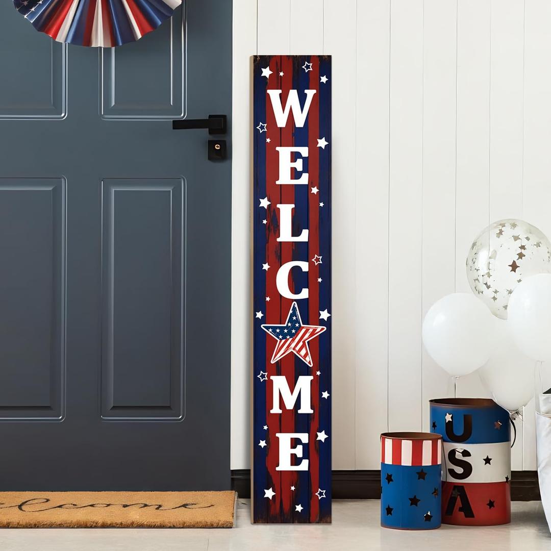 4th of July Patriotic Porch Sign 47.2",USA 250th Anniversary Wooden Welcome Sign, Red Blue Vertical Front Porch Decor for Outdoor Patio, Garden Entryway