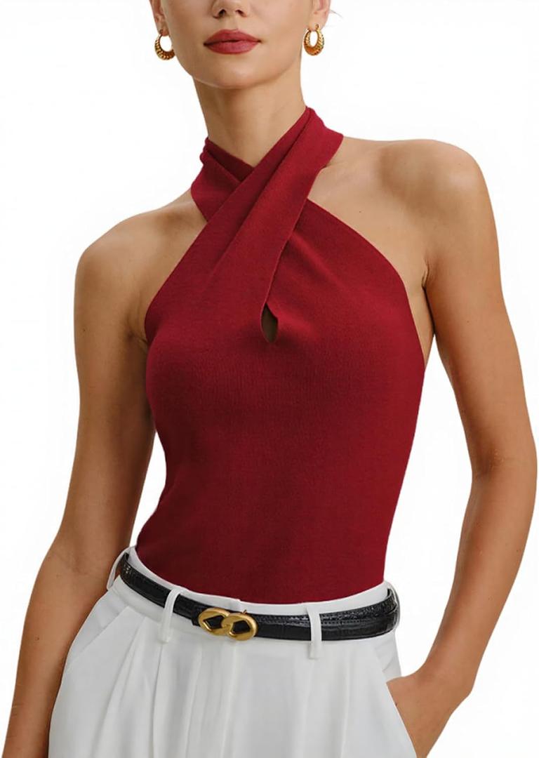 RIHOAS Womens Criss Cross Halter Top Backless Cut Out Sweater Sleeveless Slim Fit Pullover Casual Knit Tank Top (L)