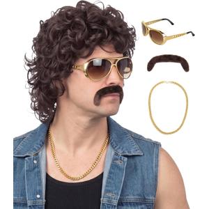 70s Wigs for Men Disco Wig for Halloween Party Short Brown Feathered Hair with Glasses Gold Necklace Mustache