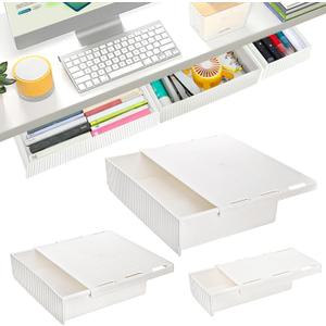 YOUEON 3 Pack Under Desk Drawer Slide Out, Self-Adhesive Under Table Drawer, Hidden Attachable Under Desk Storage Drawers, Stick on Drawers for Office, Home, School, White
