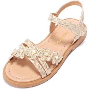 PANDANINJIA Girls Sandals Toddler Little Big Kids Kid Cute Open Toe Flats Dress Sandals Mona Summer Shoes (Beige)