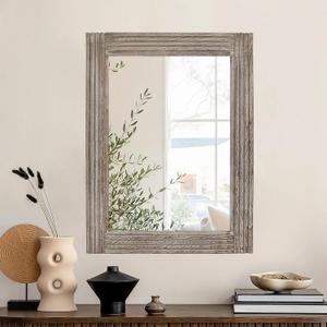 Hand-Made Wooden Spliced Wall Mirror for Bathroom, Rustic Farmhouse Vanity Mirror, Décor Wall Art, Solid Wood Frame, Vertical or Horizontal Hanging(White, 47" x 30", Rectangular)
