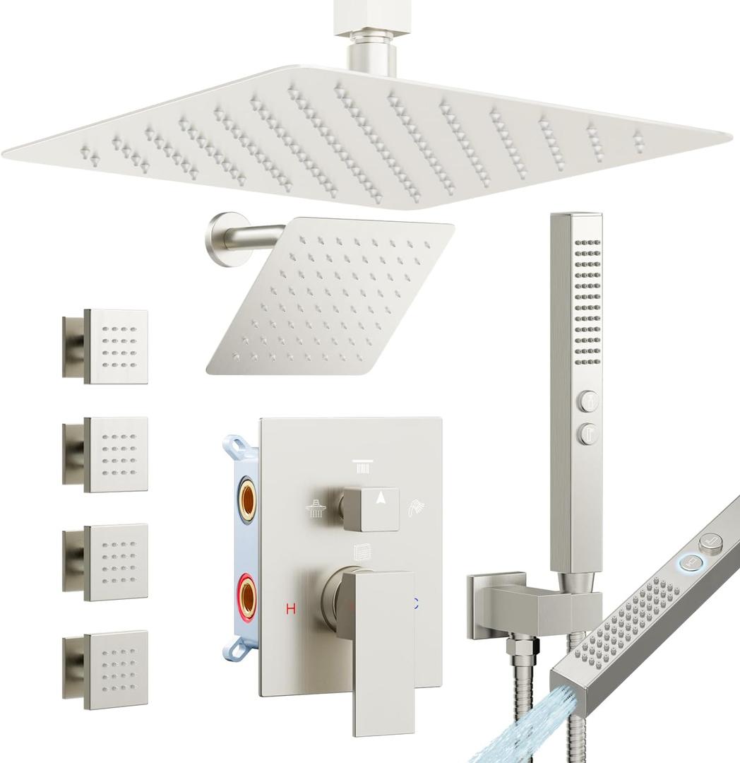Rainfall Shower System with 4 Body Spray Jets, STARBATH 4 Way 12 + 6"Rainfall Shower Head with Handheld Combo, Shower Jets System High Pressure Shower Faucet Set, Brushed Nickel