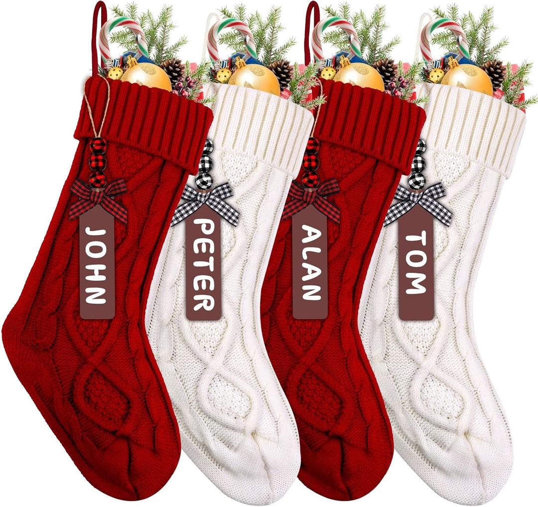 XIMISHOP 4PCS Christmas Stockings, 18inch Large Personalized Cable Knitted Xmas Hanging Stocking Decorations with Name Tags for Holiday Christmas Party Family Decor (Red and White)