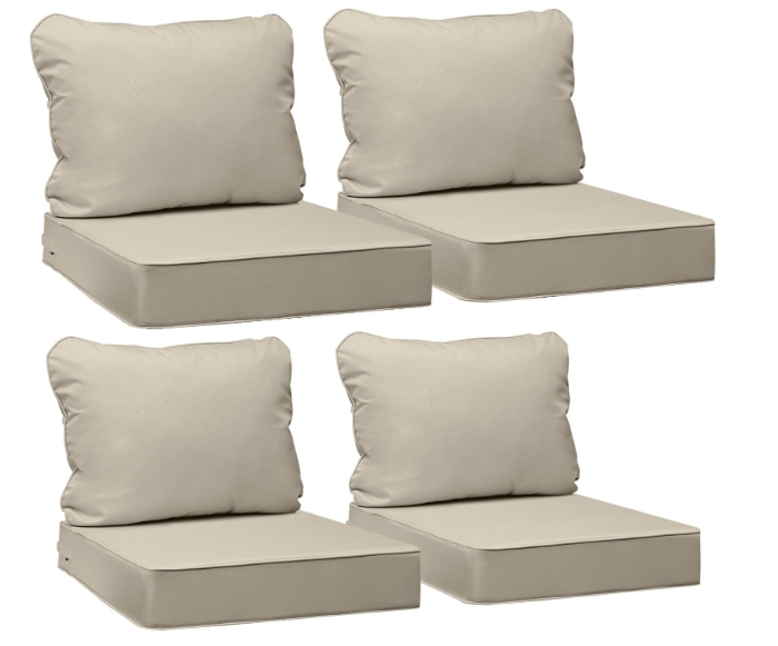 AAAAAcessories Outdoor Seat Cushions for Chairs, Fade-Resistant, Waterproof Patio Furniture Replacement Cushions, 25.5" x 25.5" x 5" + 25.5" x 19", Set of 4, Khaki Beige